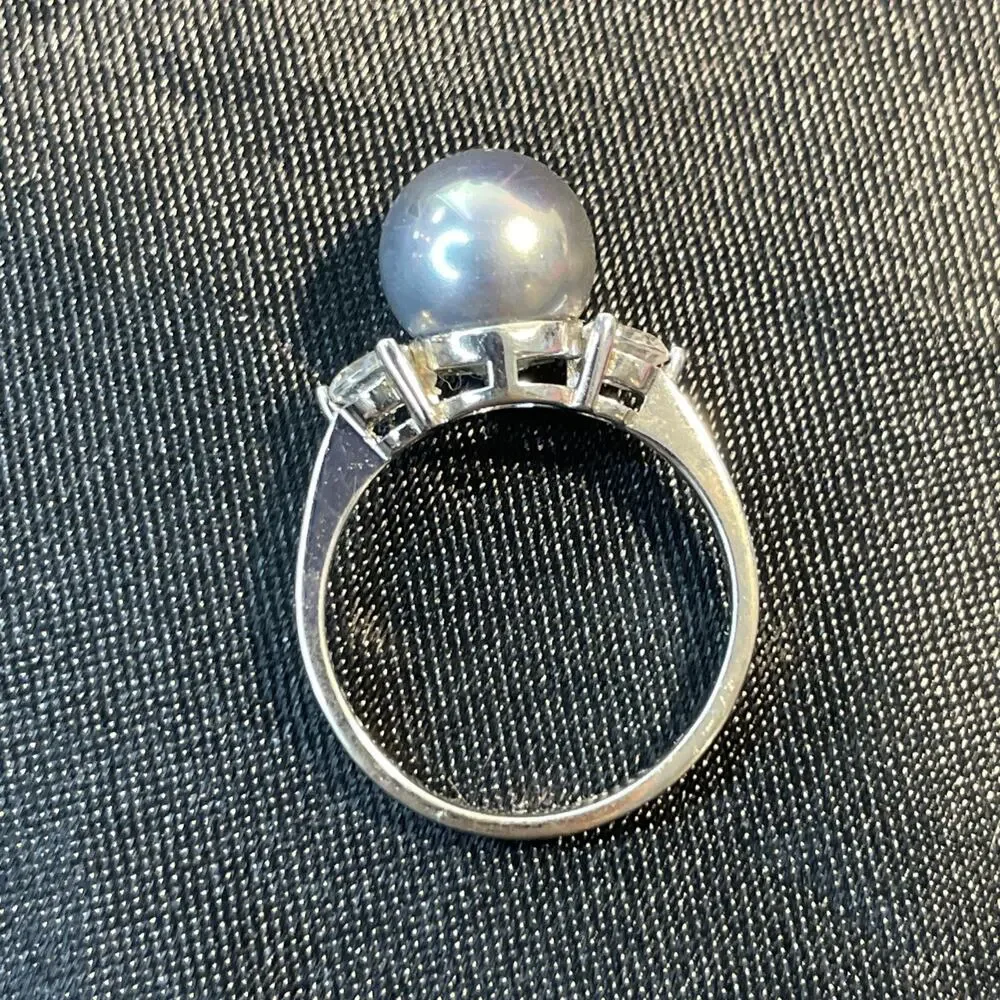 Authentic ZALES 925 Sterling Silver Gray Pearl Three Stone Ring Sz 7
